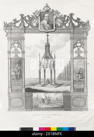 Gustav-Adolph-Denkmal zu Luetzen, Figur des Gustav-Adolf-Denkmals zu Luetzen zum Gedenken an den Tod des schwedischen Königs am 16.11.1632 in der Schlacht von Luetzen mit Bild und Szenen aus seinem Leben, - 18370101 PD0566 - Rechteinfo: Rights Managed (RM) Stockfoto