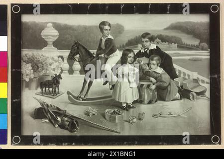 Franz Joseph I., Kaiser von Österreich, Kinderbild, Franz Joseph am Schaukelpferd auf der Terrasse des Schlosses Schönbrunn, umgeben von seinen Geschwistern Erzherzog Ferdinand Maximilian, Erzherzog Karl Ludwig und erzherzogin Maria Anna. Fotoreproduktion nach einer Lithographie von Joseph Kriehuber (1838), Blindstempel R. und, - 18380101 PD0652 - Rechteinfo: Rights Managed (RM) Stockfoto