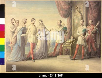 Kaiserin Maria Anna und erzherzogin Sophie eskortieren Kaiser Franz Joseph I. auf den Thron, Kaiserin Maria Anna (geborene Prinzessin von Savoyen-Sardinien) und erzherzogin Sophie (Prinzessin von Bayern) eskortieren den jungen Kaiser Franz Joseph I. von Österreich mit der Krone zum Thron, zum Alfred Prinzen von Windisch-Graetz, Joseph Graf Radetzky und Joseph Graf Jellacic treffen sich stehend. Im Hintergrund Kaiser Ferdinand und der Vater Franz Joseph, Erzherzog Franz Karl, unhistorische allegorische Charakterisierung über die Thronbesteigung 2.12.1848. Aquarell von Leopold Kupelwieser, 18480101  Stockfoto