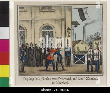 Empfang Kaiser Franz Joseph I. auf dem Bahnhof in Jueterbog, 17.- 21.12.1852: Besuch Kaiser Franz Josephs I. bei König Friedrich Wilhelm IV. Von Preußen in Berlin: Kaiser Franz Joseph I. ist von König Preußen am Bahnhof von Jueterborg Hagel, beide umarmen sich in tauschender Uniform. Farbige Lithographie. Bild 1 von einer Serie aus 4 Bildern, Verlag ODecigke & Riemschneider, Neu-Ruppin, - 18520101 PD1128 - Rechteinfo: Rights Managed (RM) Stockfoto