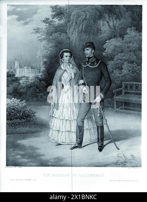 Franz Joseph I., Kaiser von Österreich, ein Morgen in Laxenburg. Kaiser Franz Joseph Arm in Arm mit Kaiserin Elisabeth vor der Franzensburg, Lithographie nach eigener Zeichnung von Franz Wolf, um 1854, - 18540101 PD0041 - Rechteinfo: Rechte verwaltet (RM) Stockfoto