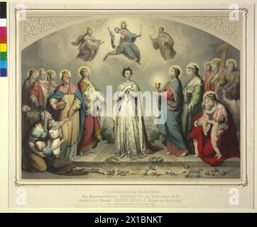 Elisabeth, Kaiserin von Österreich, Kaiserin im Hochzeitskleid unter Heiligen und Allegorien. Farbige Lithografie von Franz Hanfstaengl nach einem Entwurf von Andreas Mueller Person Schlüsselseite PG III / 3 / 87b und PG III / 3 / 88, - 18540101 PD1060 - Rechteinfo: Rights Managed (RM) Stockfoto