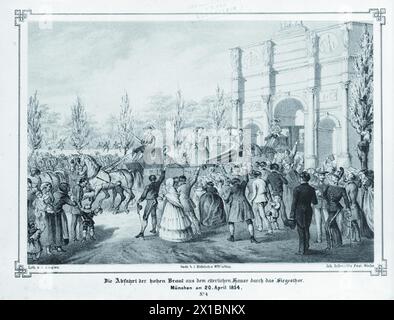 Elisabeth, Kaiserin von Österreich, Ankunft zu ihrer Hochzeit in Wien: Fahrt durch das Siegestor in München, Lithographie von Anton Ziegler, - 18540331 PD0001 - Rechteinfo: Rights Managed (RM) Stockfoto