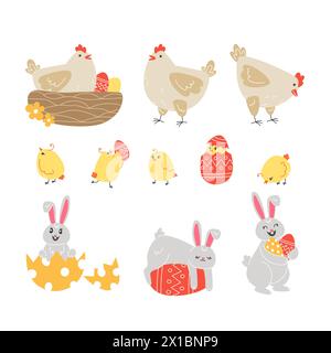 Set aus Elementen mit Hühnern, bemalten Eiern und Osterhasen im Cartoon-Stil Stock Vektor