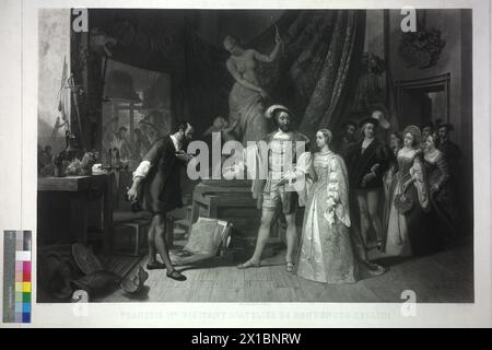 Francois I. im Atelier Cellinis, Franz I., König von Frankreich, im Beisein seiner Geliebten Anne de Pisseleu d'Heilly, Herzogin d'Etampes, wird von Benvenuto Cellini in seinem Atelier empfangen, Mezzotint von Rene Rollet nach Malerei von Pierre-Charle Comte, - 18570101 PD0723 - Rechteinfo: Rechte verwaltet (RM) Stockfoto