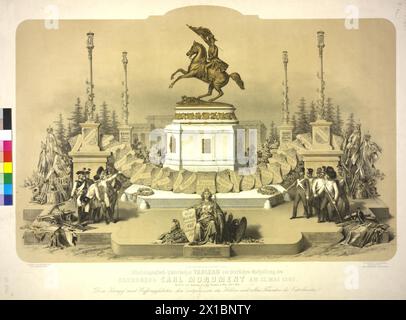 Symbolgrafisches historisches Tableau zur feierlichen Aufdeckung des Denkmals Erzherzog Carl am 22. Mai 1860, Reiterdenkmal auf dem Heldenplatz in Wien für Karl, Erzherzog von Österreich, von Anton Dominic von Fernkorn. Tonlithographie von Vinzenz Katzler nach einem Entwurf von Ferdinand Tewele, - 18600101 PD5234 - Rechteinfo: Rights Managed (RM) Stockfoto