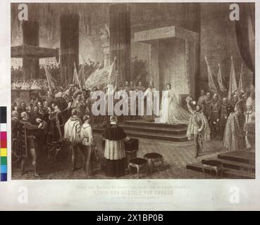 Kaiser Franz Joseph und Kaiserin Elisabeth zur Krönung des Königs und der Königin von Ungarn 1867, Hommage an die Krönung in der Matthiaskirche in Budapest. Graf Julius Andrassy, der das königliche Paar von der hohen offiziellen Stimme eines (Personenschlüssel vergleichen PK 353, 38aa) Originalfoto von Frederick Bruckmann nach dem Gemälde von Eduard Engerth (1871 vollendet), das Gemälde lag bis 1945 auf euch im Thronsaal der Budapester Burg, heute im Besitz der Szepmueveszeti Múzeum Budapest), - 18710101 PD1281 - Rechteinfo: Stockfoto