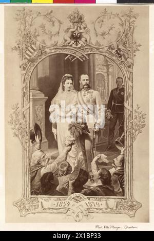 Franz Joseph I., Kaiser von Österreich und Elisabeth, Kaiserin von Österreich, Collage von Fotos mit Charakterisierung des Kaiserpaares: Franz Joseph in Galauniform eines kaiserlichen und königlichen Feldmarschalls in deutscher Anpassung, Elisabeth mit Diadem und Schleier. Im Hintergrund Kronprinz Rudolf. Hommage an die Ozassion der Silberhochzeit am 24. April 1879, - 18790101 PD0941 - Rechteinfo: Rights Managed (RM) Stockfoto