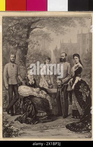 Franz Joseph I., Kaiser von Österreich mit Familie, Familienbild: Franz Joseph in Kreuzzugsuniform eines kaiserlichen und königlichen Feldmarschalls in deutscher Anpassung und Elisabeth, stehende erzherzogin Marie Valerie, Kronprinz Rudolf mit Stephanie mit Elisabeth Marie im Wappen. Zusammengesetztes Foto. Blindstempel rechts nach unten, - 18830101 PD1170 - Rechteinfo: Rechte verwaltet (RM) Stockfoto