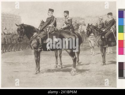 Kaiser Franz Joseph I. und Zar Nikolaus II. Bei der Parade auf dem Champ-de-Mars in St. Petersburg, Besuch Kaiser Franz Joseph I. in Russland, Parade in St. Petersburg auf dem Champ-de-Mars am 28.4,1897. Kaiser Franz Joseph und Zar Nikolaus nehmen die Parade auf Pferd. Kaiser Franz Joseph in russischer Uniform hinter dem Kammerbaron Ernst von Meindorf (Meyendorff) und Erzherzog Otto. Im Hintergrund Großfürst Wladimir von Russland, der kaiserrussische Generalfürst Odolenski (Figurencode vorhanden), Fotogravur nach Gemälde Wilhelm Gause aus Aktenkoffer: Kaiserbilder, Liter Stockfoto