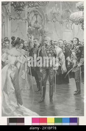 Der Kaiser hält die Sitzreihen vor der Bühne, Kaiser Franz Joseph I. bei einem Empfang im Schloss Ofen in den 1890er Jahren. Links neben dem Kaiser steht der ungarische Fürst Ludwig Graf Apponyi. (Personenschlüssel vergleichen PK 2837, 4a), Fotogravur nach Malerei von Arthur Lajos Halmi aus Aktenkoffer: Kaiserbilder, Literaturinstitut COSMOS, Wien-Leipzig-Budapest (Aktenkoffer mit 28 Heliogravuren auf Gemälden), - 18980101 PD2826 - Rechteinfo: Rights Managed (RM) Stockfoto