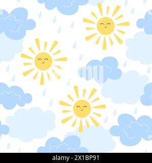 Nahtloses Muster mit Sonne und Wolken im Cartoon-Stil Stock Vektor