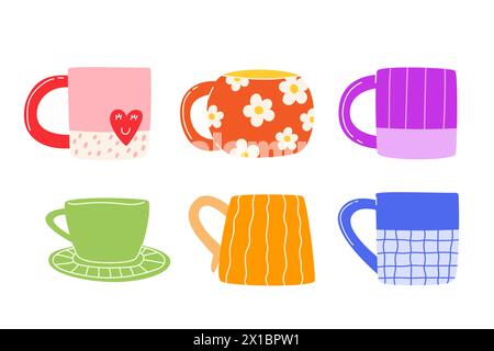 Eine Kollektion heller, handgefertigter Tassen Stock Vektor