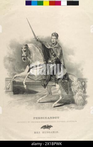 Ferdinand I., Kaiser von Österreich auf Pferd im ungarischen Krönungsgewand, Lithografie des Kaisers Ferdinand. Druckerverlag Joseph Trentsensky, Wien, - 19300101 PD22297 - Rechteinfo: Rights Managed (RM) Stockfoto