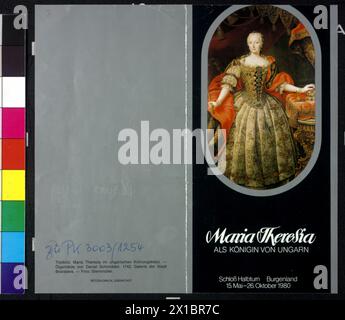 Maria Theresia als Königin von Ungarn, Kaiserin Maria Theresia im ungarischen Krönungskleid. Farbdruck nach einem Gemälde von Daniel Schmidly, auf einem Ordner zu einer Ausstellung im Schloss Halbturn, 15.5.- 26.10.1980, - 19800101 PD6265 - Rechteinfo: Rights Managed (RM) Stockfoto