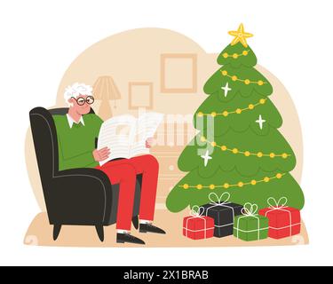Ein älterer Mann sitzt in einem Sessel neben dem Weihnachtsbaum und liest eine Zeitung Stock Vektor