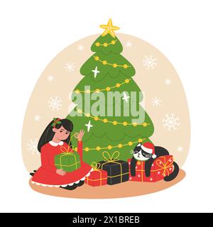 Das Mädchen packt Geschenke unter dem Weihnachtsbaum aus Stock Vektor