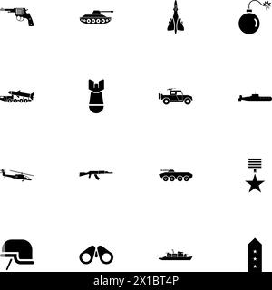 Militärsymbol – auf jede Größe erweitern – in jede Farbe ändern. Perfect Flat Vector enthält Symbole wie Raketenträger, Panzer, Helm, U-Boot, Kampf Stock Vektor