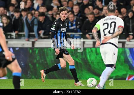Brügge, Belgien. April 2024. Maxim de Cuyper (55) vom Club Brugge, aufgenommen in der Endrunde des UEFA Conference League Quarter, dem ersten Legspiel der Saison 2023-2024 zwischen Club Brugge KV und PAOK Saloniki am 11. April 2024 in Brügge, Belgien. (Foto: David Catry/Isosport) Credit: Sportpix/Alamy Live News Stockfoto