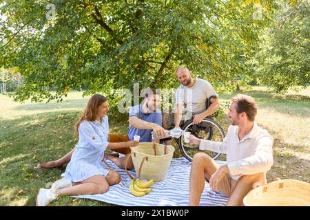 Eine Gruppe von Freunden, die ein fröhliches Picknick in einem Park genießen, mit einer Person im Rollstuhl, die Inklusivität und Freundschaft veranschaulicht. Stockfoto