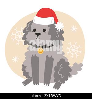 Ein kleiner, lockiger Hund mit Weihnachtsmann-Hut sitzt mit Schneeflocken Stock Vektor