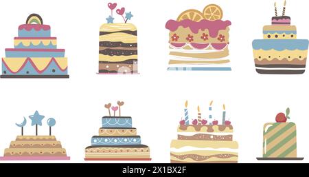 Buntes Geburtstagsfest-Kuchen-Set Stock Vektor