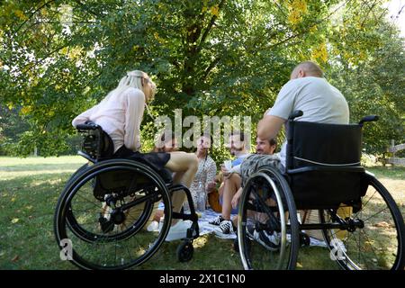 Gruppe von Freunden, die ein Picknick im Park genießen und Personen mit Rollstühlen in einer entspannten, inklusiven Umgebung präsentieren. Stockfoto