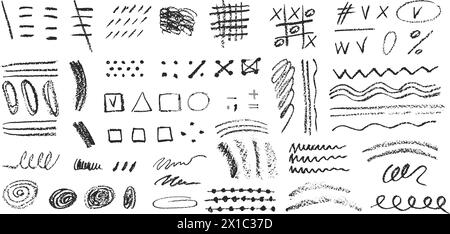 Holzkohlestift zeichnet von Hand lockige Linien, Spritzer, Schnörkel und Formen. Schwarze Elemente auf weißem Hintergrund. Grunge Kreide Kreidekreide kritzelt Kritzeleien Stock Vektor