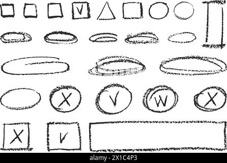 Holzkohlestift zeichnet von Hand lockige Linien, Spritzer, Schnörkel und Formen. Schwarze Elemente auf weißem Hintergrund. Grunge Kreide Kreidekreide kritzelt Kritzeleien Stock Vektor