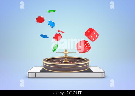 Handy mit Casino-Gegenständen, die aus dem Bildschirm fliegen Stockfoto