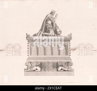 Adolf von Nassau, König des Heiligen Römischen Reiches, Grabstein, Mode von Leo von Klenze (1784–1864), im Dom zu Speyer: Adolf in Gebetspose auf dem Denkmal kniet, in Rüstung, mit Poncho, Kronhelm mit Gefieder vor sich selbst. Laterale Ansicht von rechts. Beidseitig lateinische Inschrift in jedem zwei Rundbogen der nicht sichtbaren schmalen Seiten nach unten eine Norm in Rhinelander. Basis. Liniendithographie von Veil (= Marx Theodosius Veiel, 1787-1856), voidly Legende, - 20110524 PD2313 - Rechteinfo: Rights Managed (RM) Stockfoto