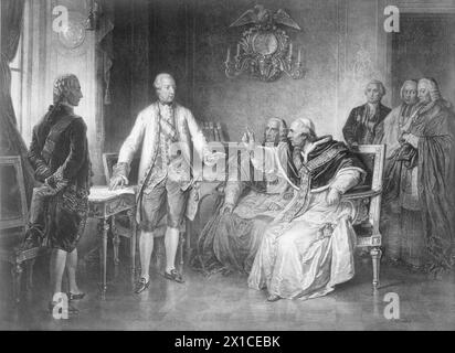 Joseph II., Kaiser des Heiligen Römischen Reiches, Begegnung von Kaiser Joseph II. In Wien mit Papst Pius VI. (In Anwesenheit von Graf Kaunitz und Graf Cobenzl, Kardinal Migazzi und Batthyany sowie des Apostolischen Nuntius Giuseppe Garampi), Stich nach einem Gemälde von Franz Shames, - 20110527 PD1913 - Rechteinfo: Rechte verwaltet (RM) Stockfoto