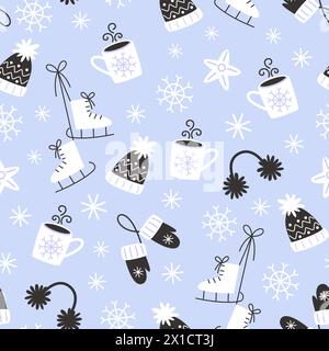 Festliches Wintermuster mit kuscheligen Elementen im flachen Stil Stock Vektor