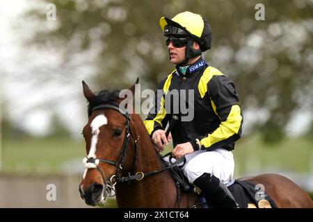 Jockey Jason Hart, nachdem er am ersten Tag des bet365 Craven Meetings auf der Newmarket Racecourse das JRA Handicap an Bord der Watcha Matey gewonnen hatte. Bilddatum: Dienstag, 16. April 2024. Stockfoto