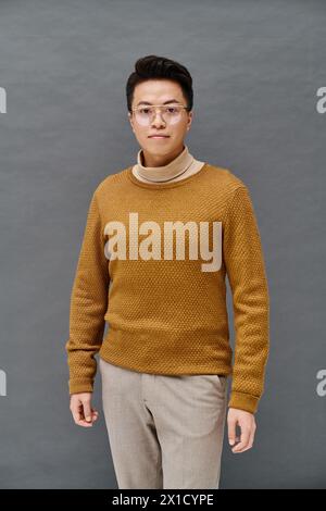 Ein modischer junger Mann in braunem Pullover und brauner Hose posiert selbstbewusst und zeigt seine elegante Kleidung. Stockfoto