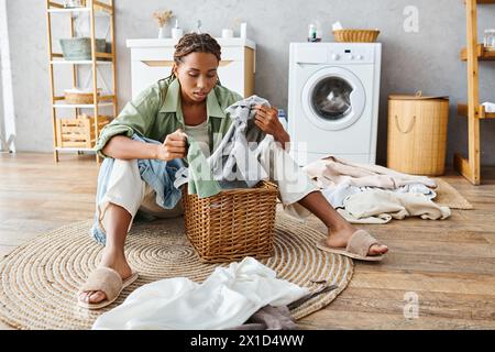 Eine Afroamerikanerin mit Afro-Flechten sitzt auf dem Boden neben einem Wäschekorb, umgeben von Wäschekorb im Badezimmer. Stockfoto