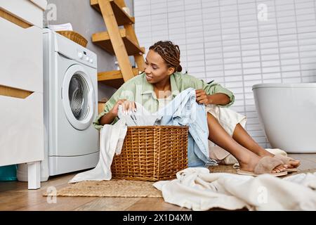 Afroamerikanerin mit Afro-Zöpfen, die neben einer Waschmaschine sitzt und im Badezimmer Wäsche macht. Stockfoto