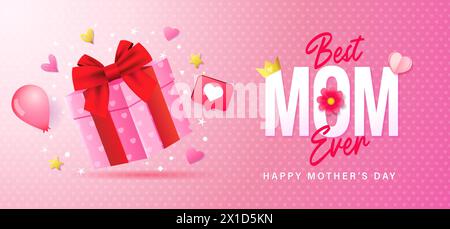 Beste MUTTER aller Zeiten, Happy Mother's Day Konzept mit 3D-Geschenkbox. Ich liebe dich, MOM, Vorlage für Banner. Vektorabbildung Stock Vektor