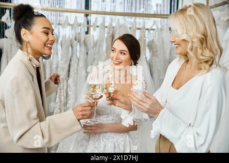 Eine Gruppe von Frauen, darunter eine junge Braut, ihre Mutter mittleren Alters und eine Brautjungfer, stehen zusammen und halten Weingläser. Stockfoto