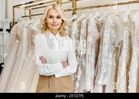 Ein hübscher Einkaufsassistent mittleren Alters steht vor einem Regal eleganter Brautkleider in einem Brautsalon. Stockfoto