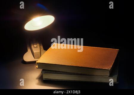 Lampen beleuchten Bücher auf einem Holztisch. Inneneinrichtung im Retro-Stil Stockfoto