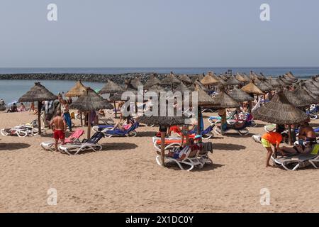 Los Cristianos, Teneriffa, 16. April 2024 - Touristen genießen Sonne, Sand und Meer in Los Cristianos auf Teneriffa, trotz anti-touristischer Wut unter einigen Einheimischen. Quelle: Stop Press Media/Alamy Live News Stockfoto