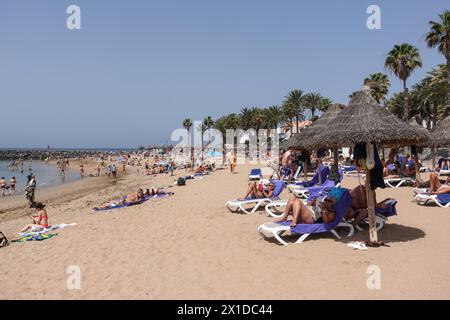 Los Cristianos, Teneriffa, 16. April 2024 - Touristen genießen Sonne, Sand und Meer in Los Cristianos auf Teneriffa, trotz anti-touristischer Wut unter einigen Einheimischen. Quelle: Stop Press Media/Alamy Live News Stockfoto