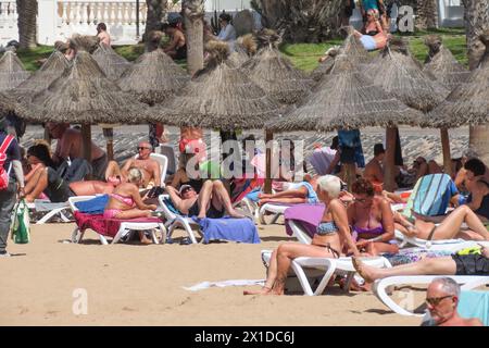 Los Cristianos, Teneriffa, 16. April 2024 - Touristen genießen Sonne, Sand und Meer in Los Cristianos auf Teneriffa, trotz anti-touristischer Wut unter einigen Einheimischen. Quelle: Stop Press Media/Alamy Live News Stockfoto