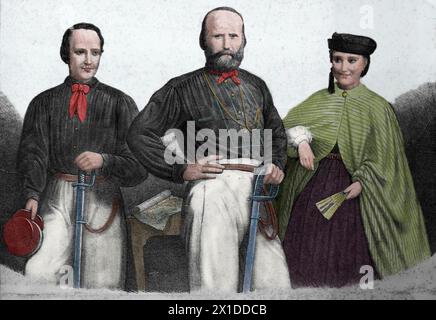 Giuseppe Garibaldi (1807–1882) mit seinem Sohn Menotti und seiner Tochter Teresa. Lithographie, 19. Jahrhundert. Stockfoto