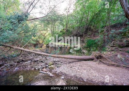 Wasserdurchgangskanal zum Strand des Flusses Senhora da Piedade in Serra da Lousã, Portugal. Stockfoto