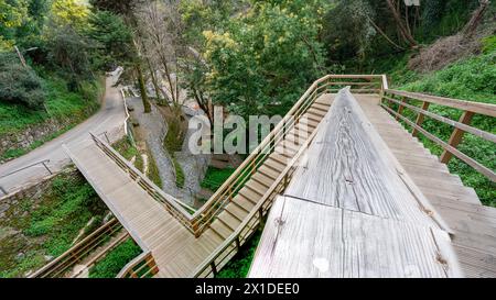 SRA da Piedade Holzsteg in Serra da Lousã-Portugal. Stockfoto