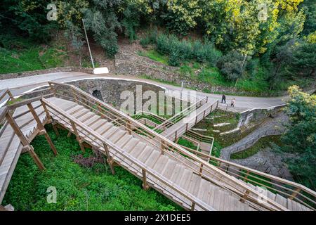 SRA da Piedade Holzsteg in Serra da Lousã-Portugal. Stockfoto