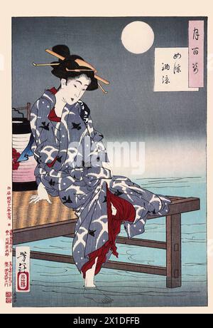 Tsukioka Yoshitoshi 1839 bis 9. Juni 1892 einer der letzten großen Meister des klassischen japanischen Farbholzschnitts, hier das Werk Cooling Off at Shijo Stockfoto