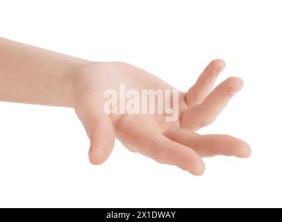 Frau, die Hand auf weißem Hintergrund hält, Nahaufnahme Stockfoto